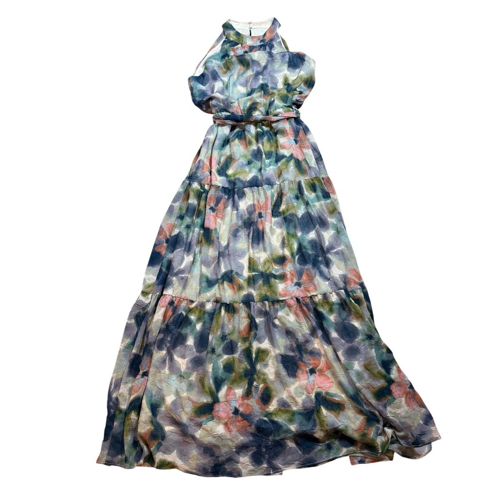 Julia Jordon Watercolor Green Floral Chiffon Halterneck Belted Maxi Dress 4